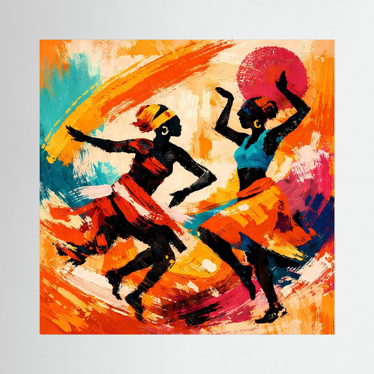 Quadratisches Leinwandbild mit abstrakten tanzenden Figuren, kräftigen Orange-, Blau- und Rottönen