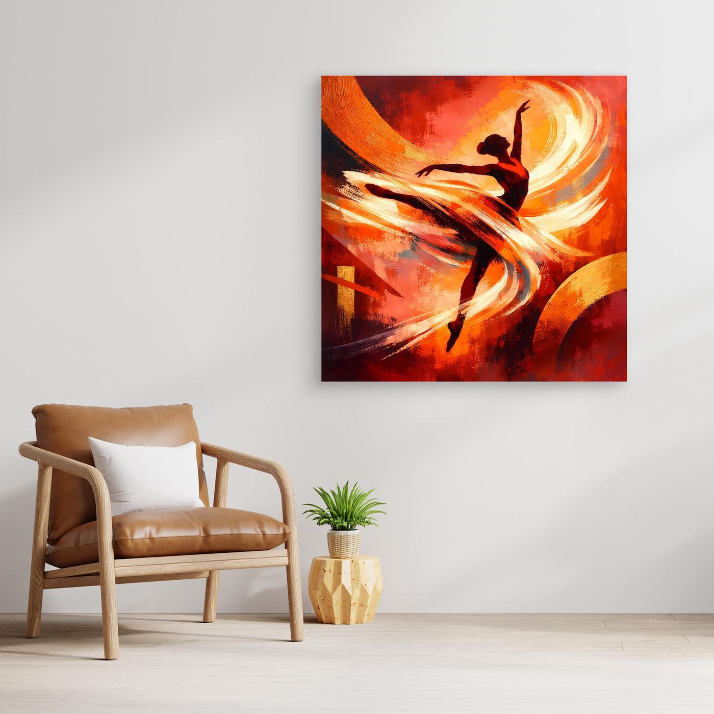 Abstraktes Leinwandbild mit Tänzerin, rote und orangefarbene Bewegungspinsel