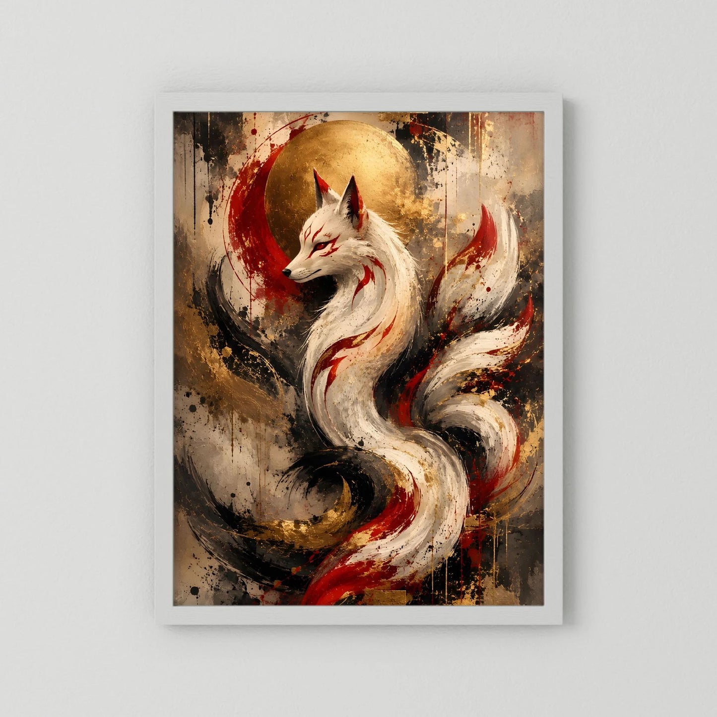 Kunstposter im Hochformat mit weißem Fuchs vor goldenem Mond, weißer Rahmen.