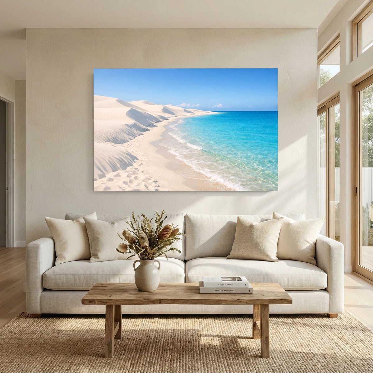 Querformatiges Wandbild mit weißen Dünen und blauem Meer entlang der Küste