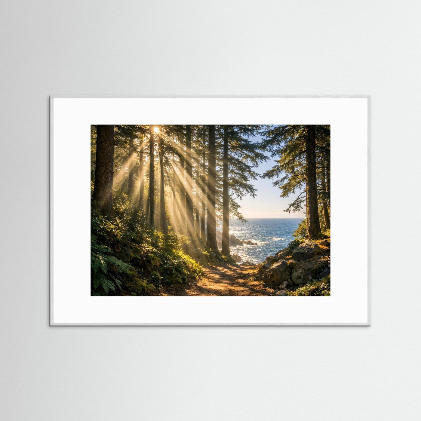 Poster im Querformat mit Waldweg, Sonnenstrahlen durch Bäume und Meer im Hintergrund, im weißen Rahmen