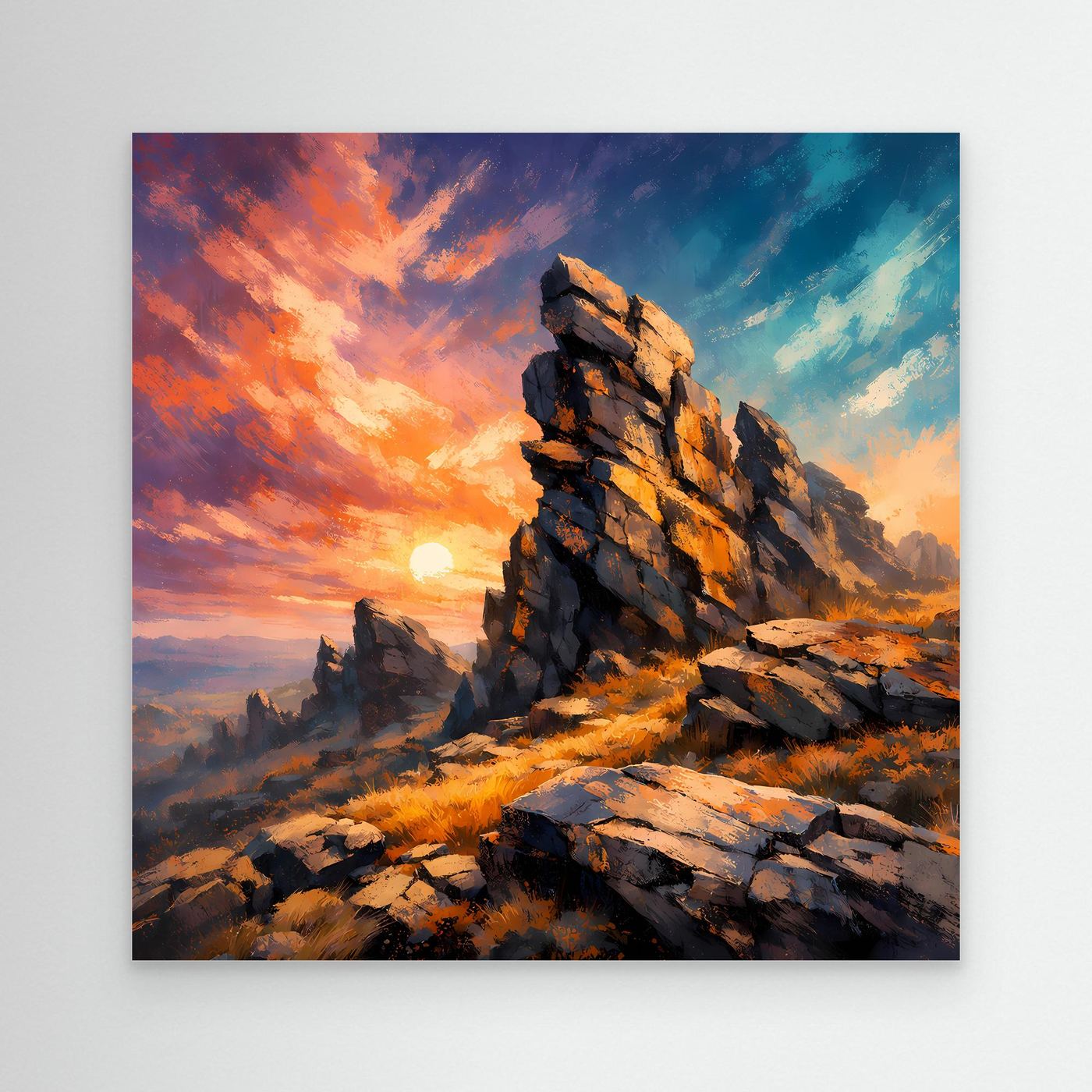 Premium Leinwand Monumentale Felsformation im Sonnenuntergang | Abstraktes Gebirge Wandbild