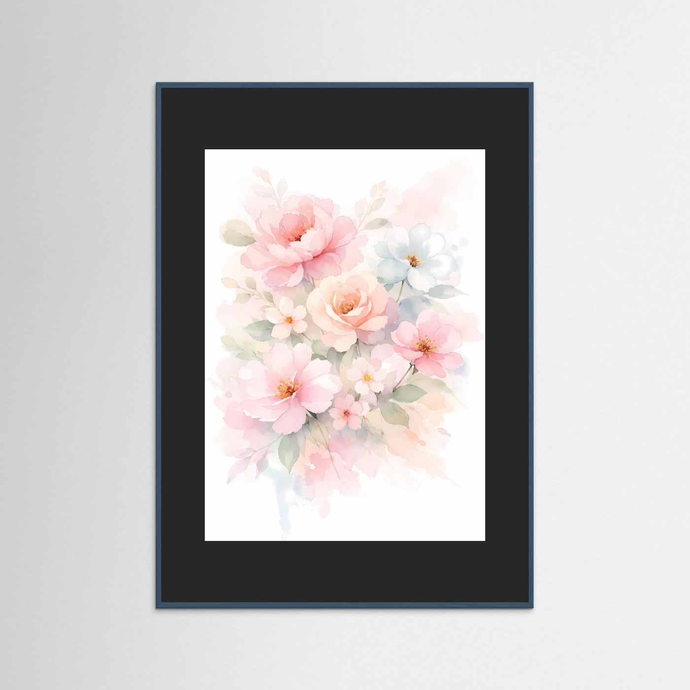 Wandbild mit Blumenbouquet im Aquarellstil, dunkelblauer Rahmen und weißer Bildausschnitt