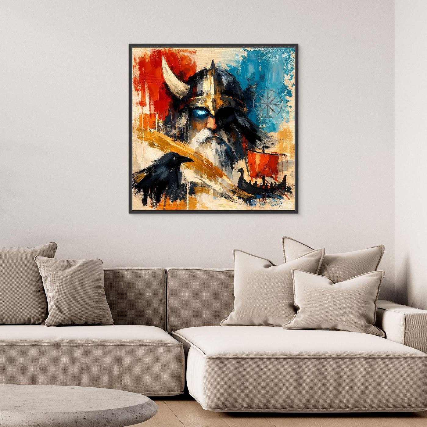 Nordic framed canvas wall art of a Viking warrior with raven, red and blue abstract figure