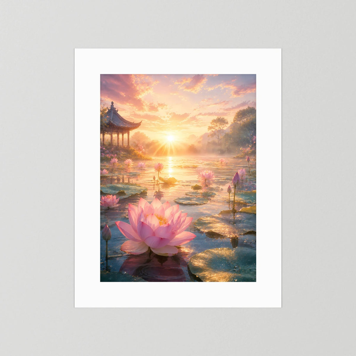 Poster im Hochformat mit rosa Lotusblüte am Teich, weißes Passepartout ohne Rahmen
