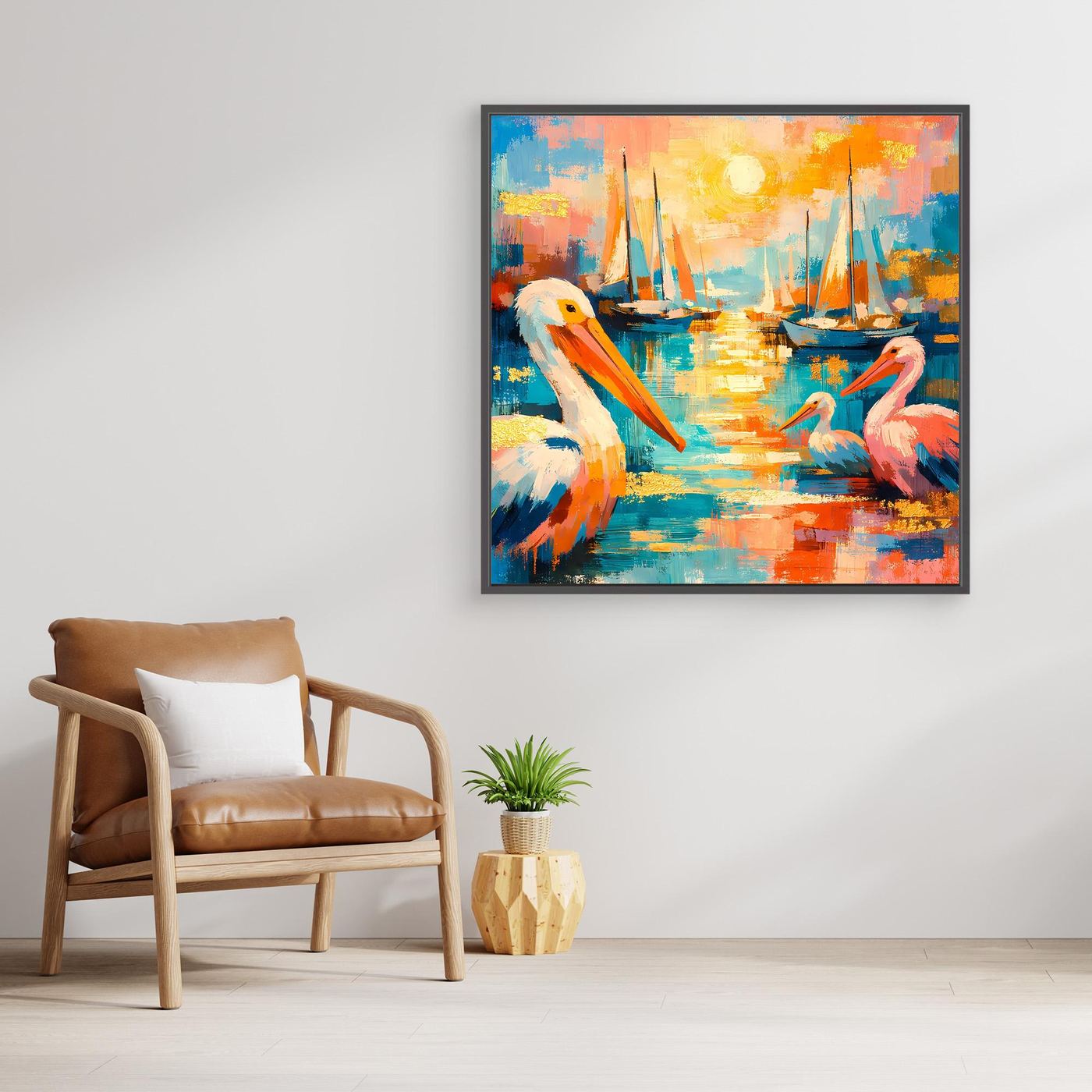 Leinwandbild mit bunten Pelikanen am Hafen und Segelbooten, Holzrahmen