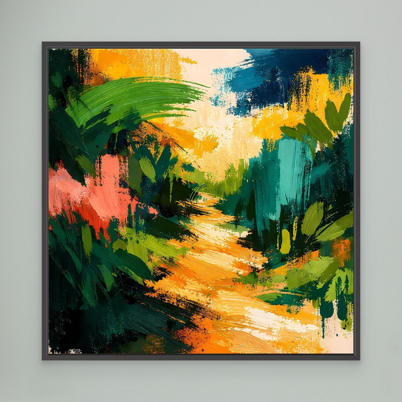 Abstract canvas wall art with colorful forest path strokes, dark gray frame