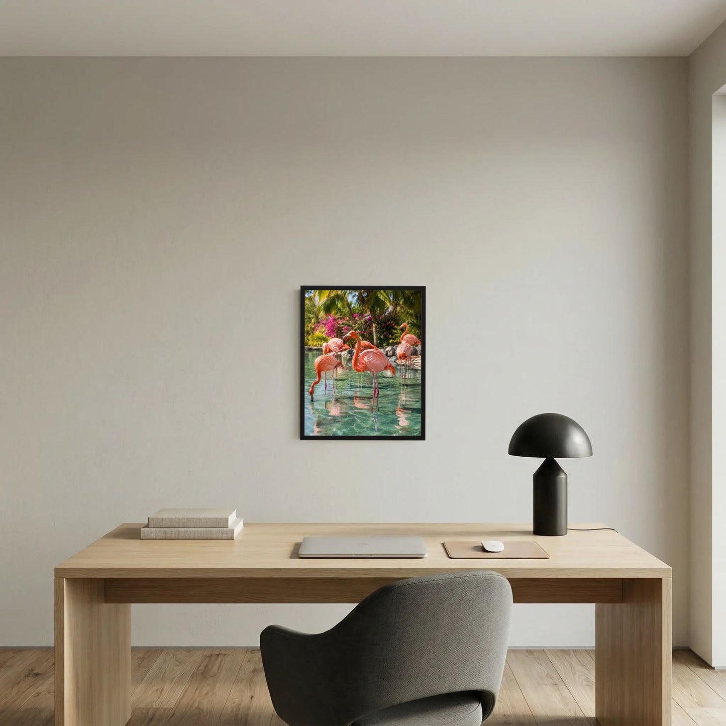 Wandposter im schwarzen Rahmen: rosa Flamingos am Wasser im Tropenmotiv