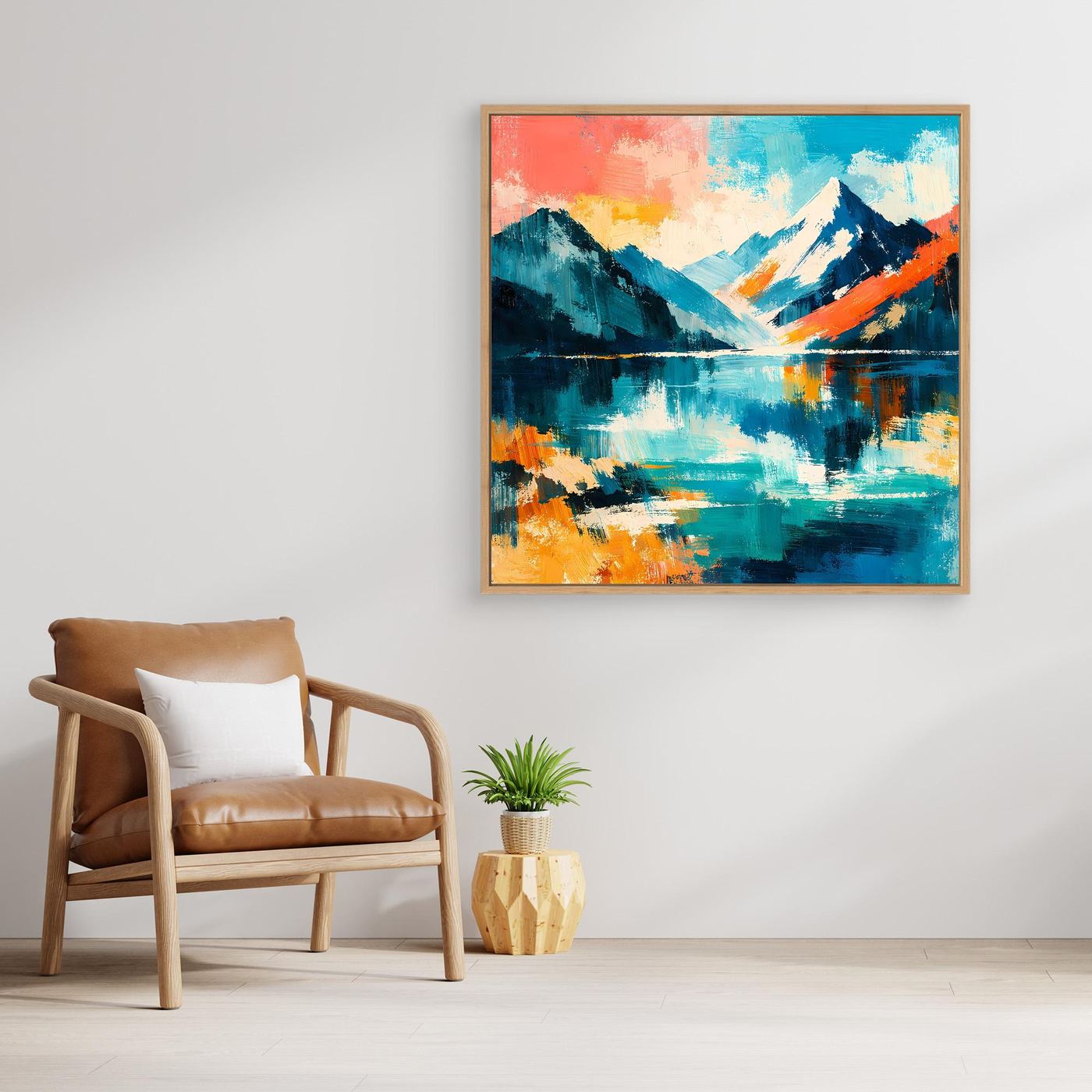 Gerahmtes Leinwandbild mit Bergwelt am See: Farbflächen in Blau, Türkis und Orange