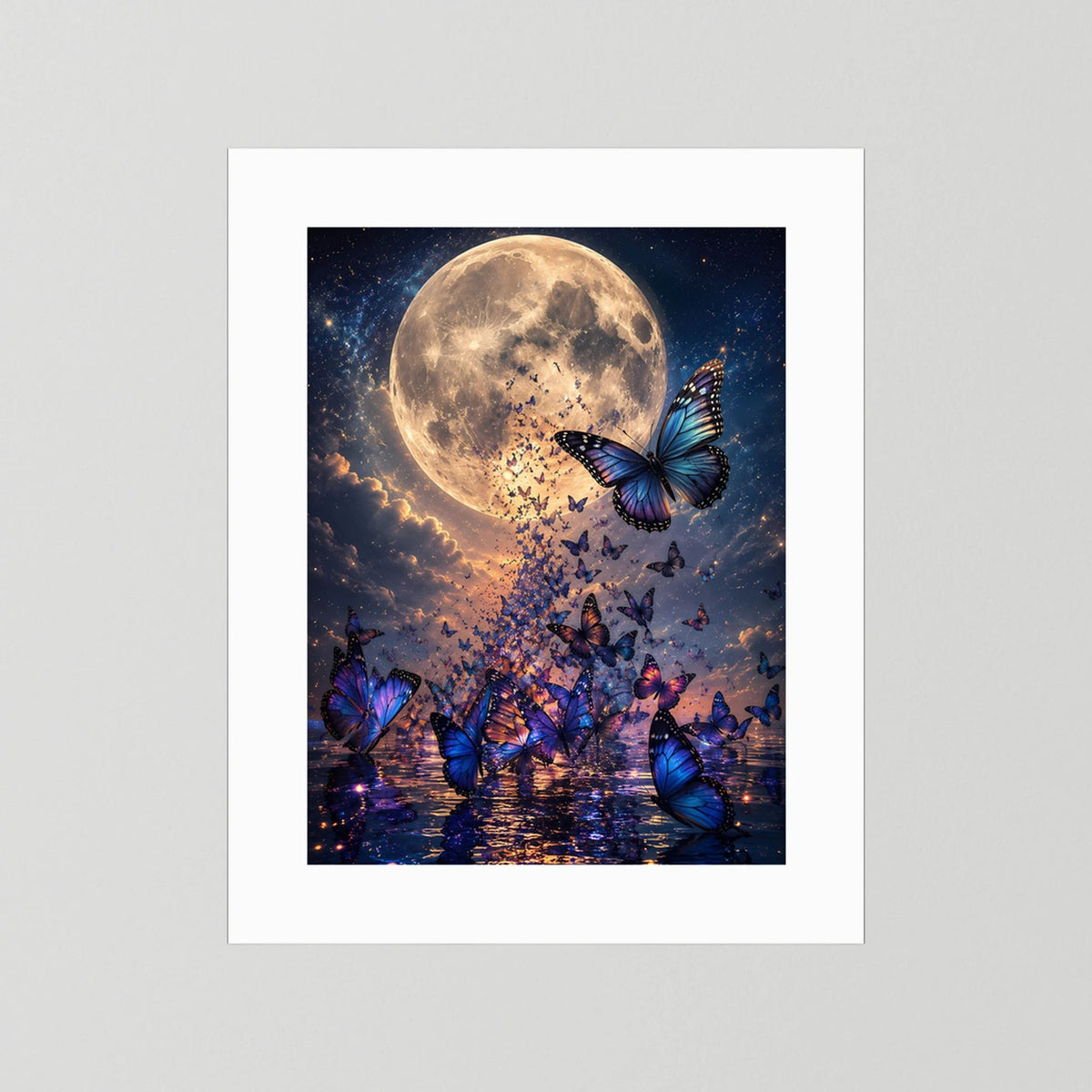 Hochformat-Poster mit weißem Rand: goldener Mond, blaue Schmetterlinge und funkelndes Wasser