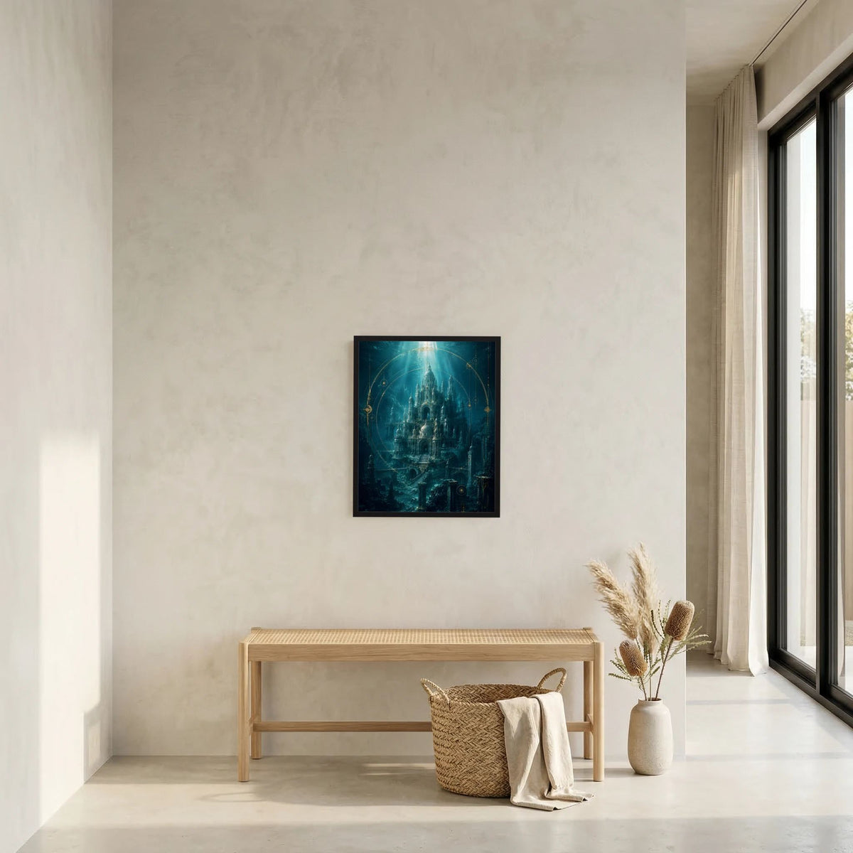 Gerahmtes Kunstposter (Hochformat) mit Unterwasserstadt in Türkis und Gold an heller Wand