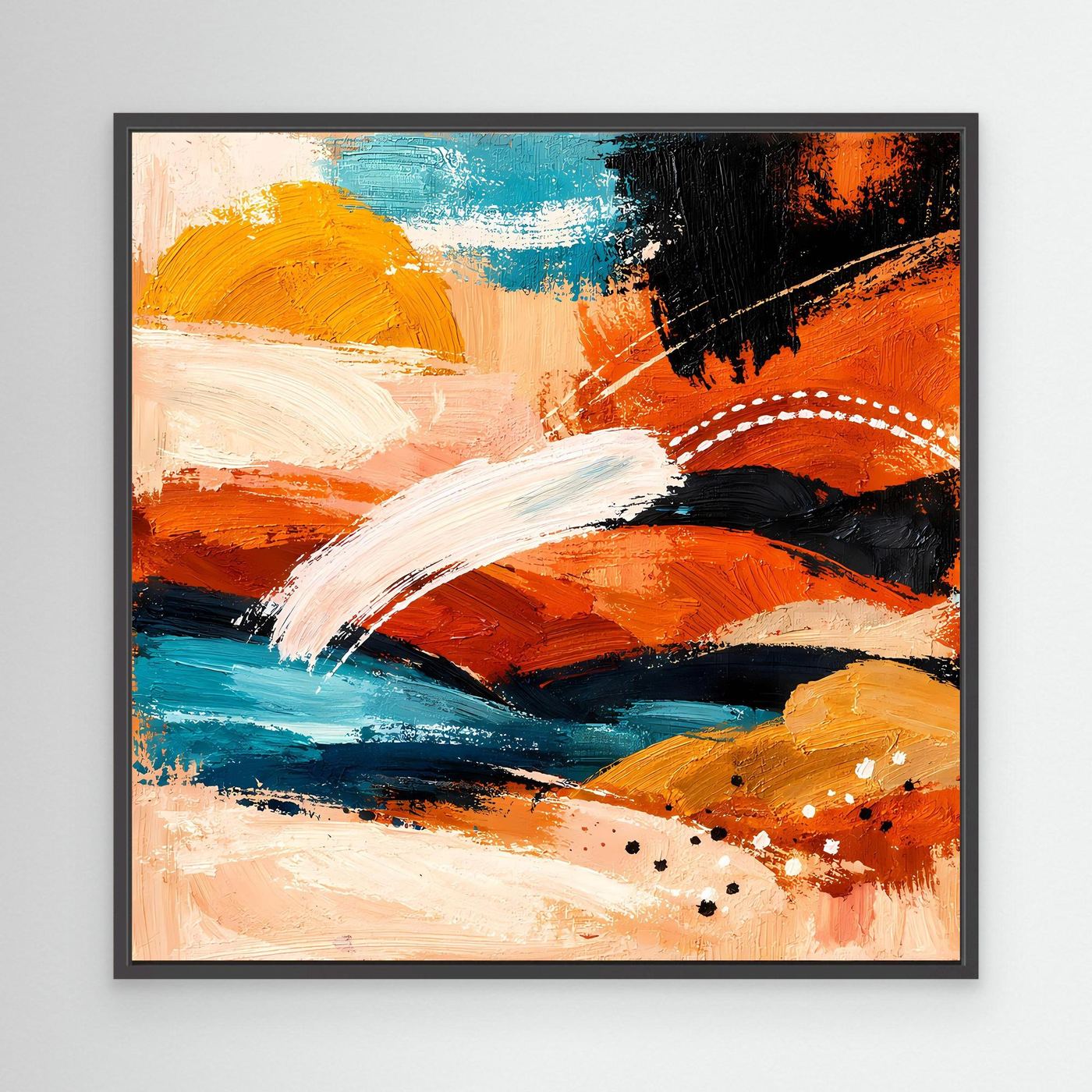 Abstract canvas wall art with terracotta and turquoise brushstrokes in black frame
