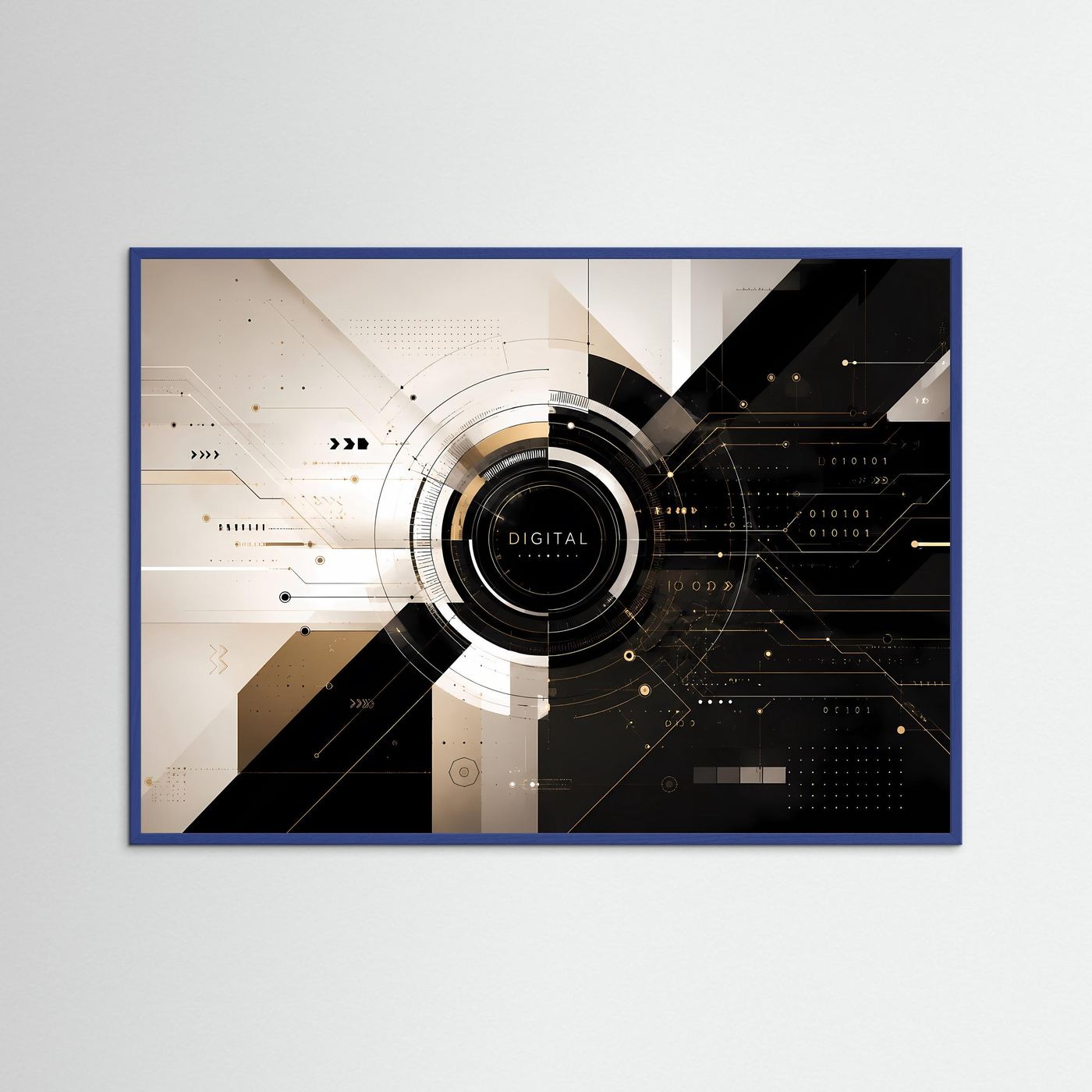 Abstraktes Tech-Poster im Querformat mit Digital-Emblem, blauem Rahmen