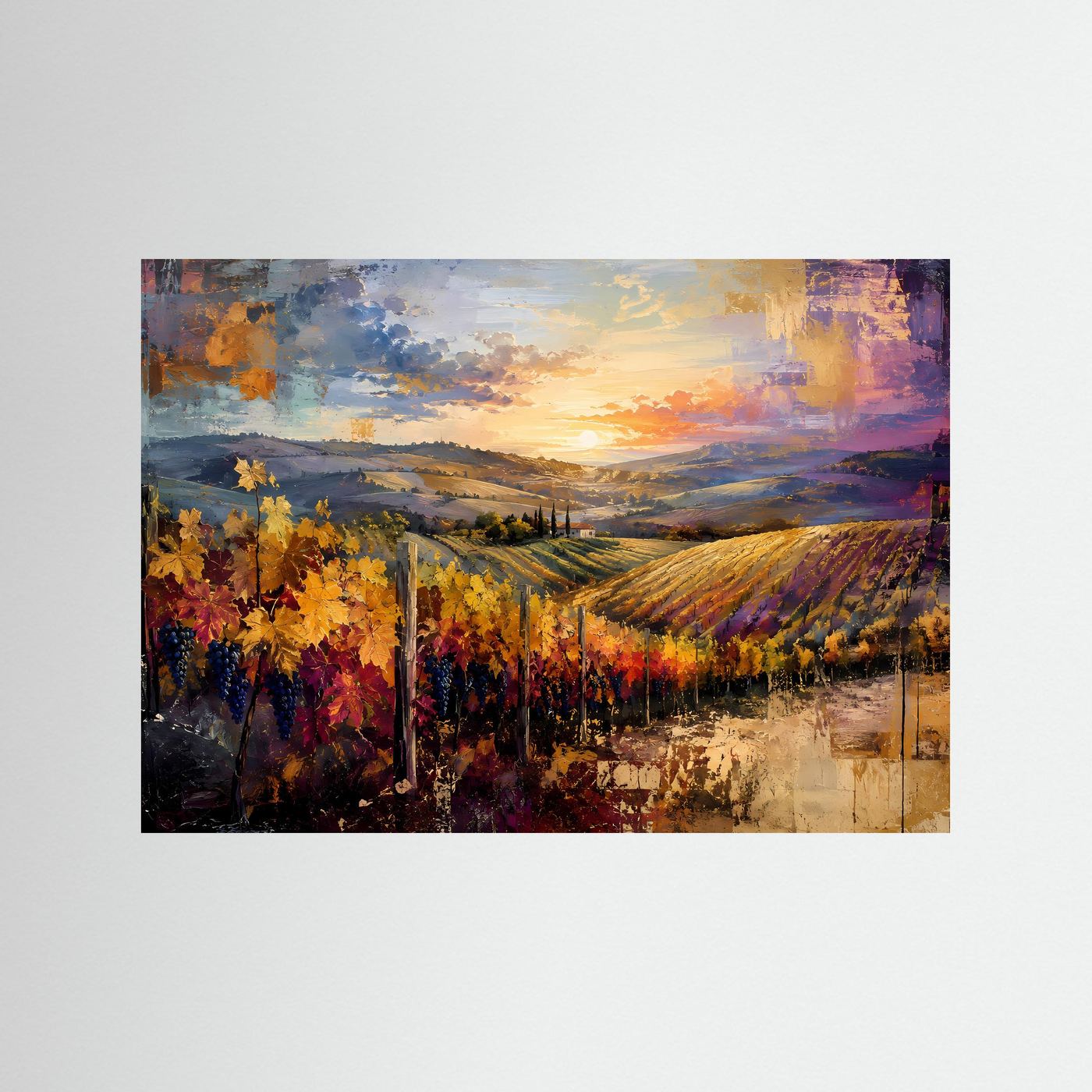 Toskanische Weinberge im goldenen Abendlicht | Abstrakte Weinlandschaft Panorama Poster Querformat