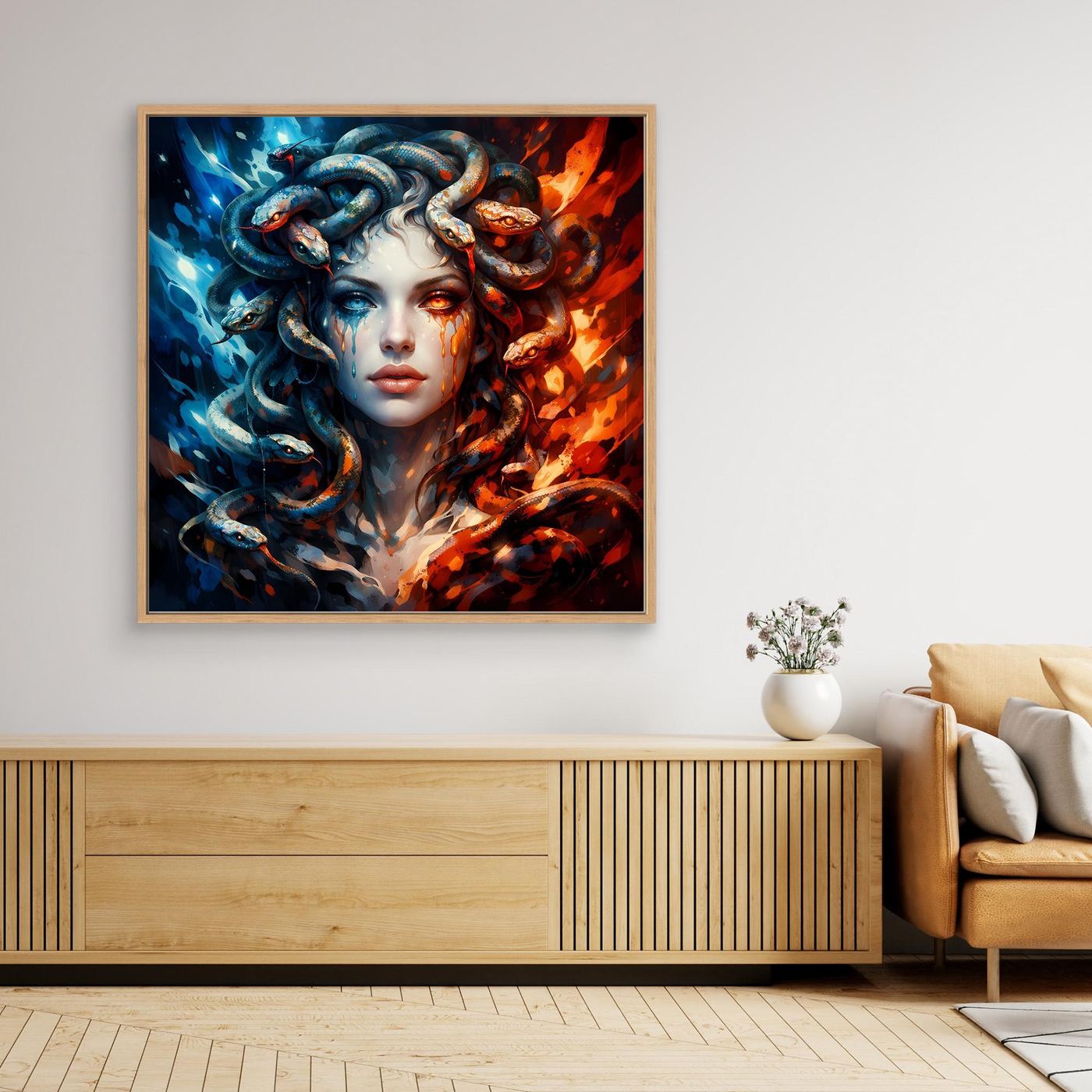 Leinwand Mystische Medusa im Feuer- und Eis-Kontrast | Modernes Fantasy Wandbild