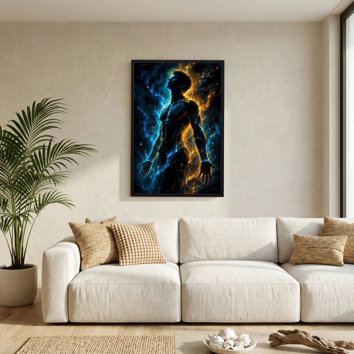 Hochformatiges Poster: männliche Silhouette in Blau und Gold mit schwarzem Rahmen
