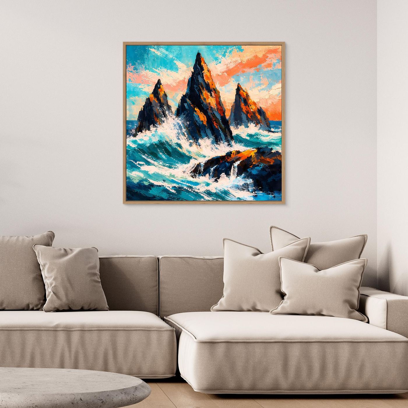 Gerahmtes Leinwand-Wandbild: Klippen in der Brandung, türkisblau mit orangefarbenem Himmel