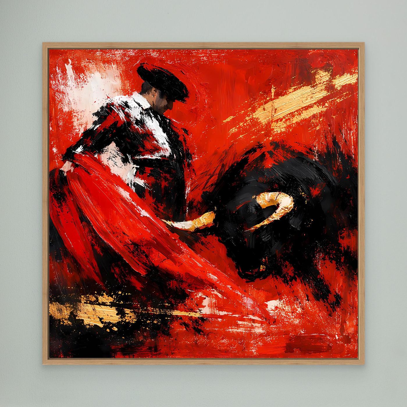 Leinwand-Wandbild mit Torero und Stier, Holzrahmen, rote und schwarze Farbflächen