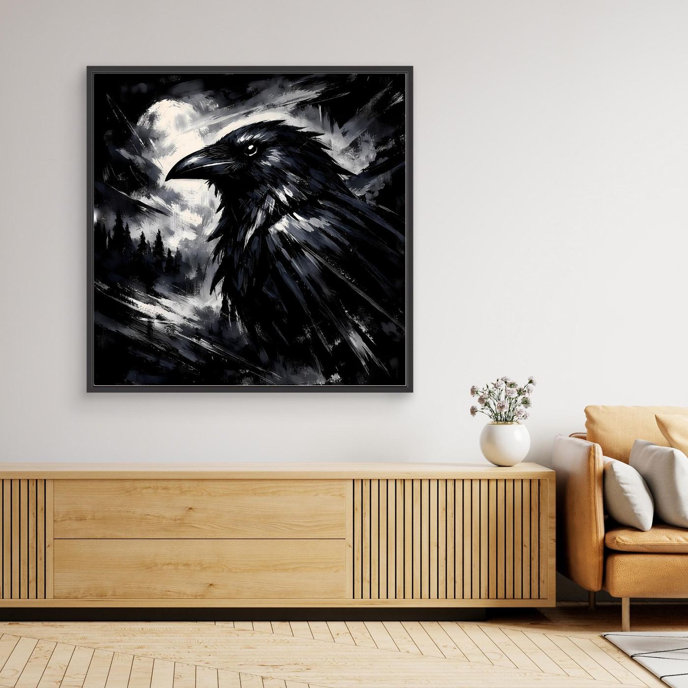 Gerahmtes Leinwand-Wandbild mit schwarzem Rabenmotiv und Mond, schwarzer Rahmen