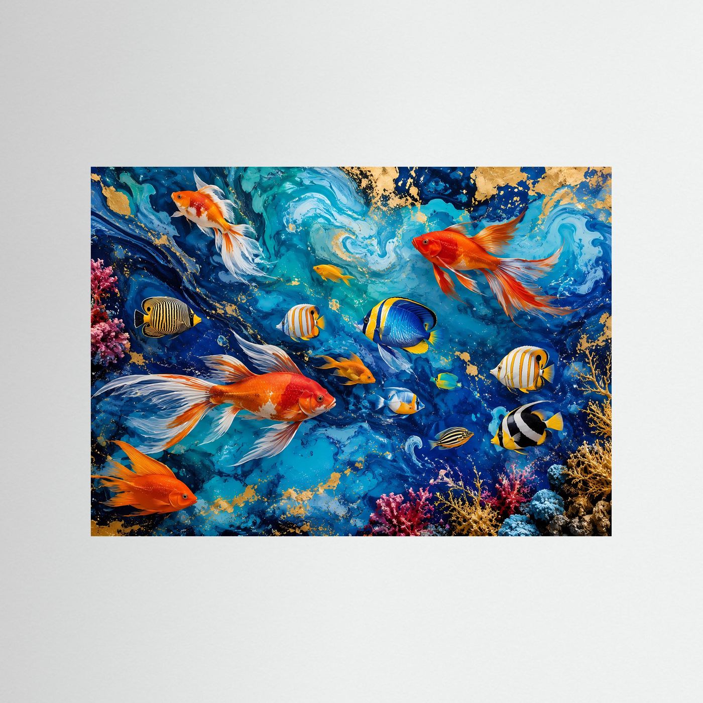 Ozean-Fische in Blau & Gold | Modernes Wandbild mit Fluid Art & Korallenriff