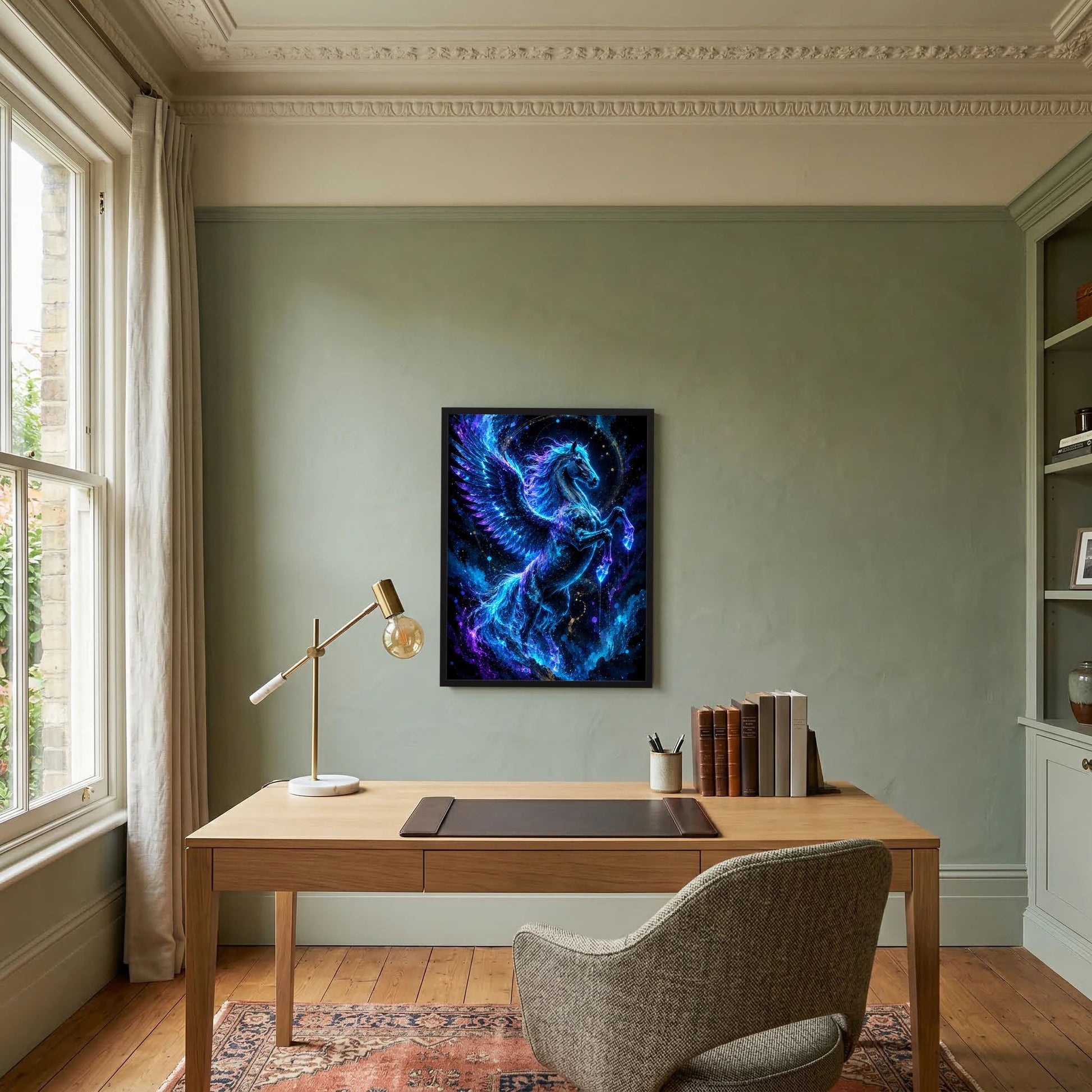 Gerahmtes Hochformat-Poster mit blau leuchtendem geflügelten Pferd Pegasus