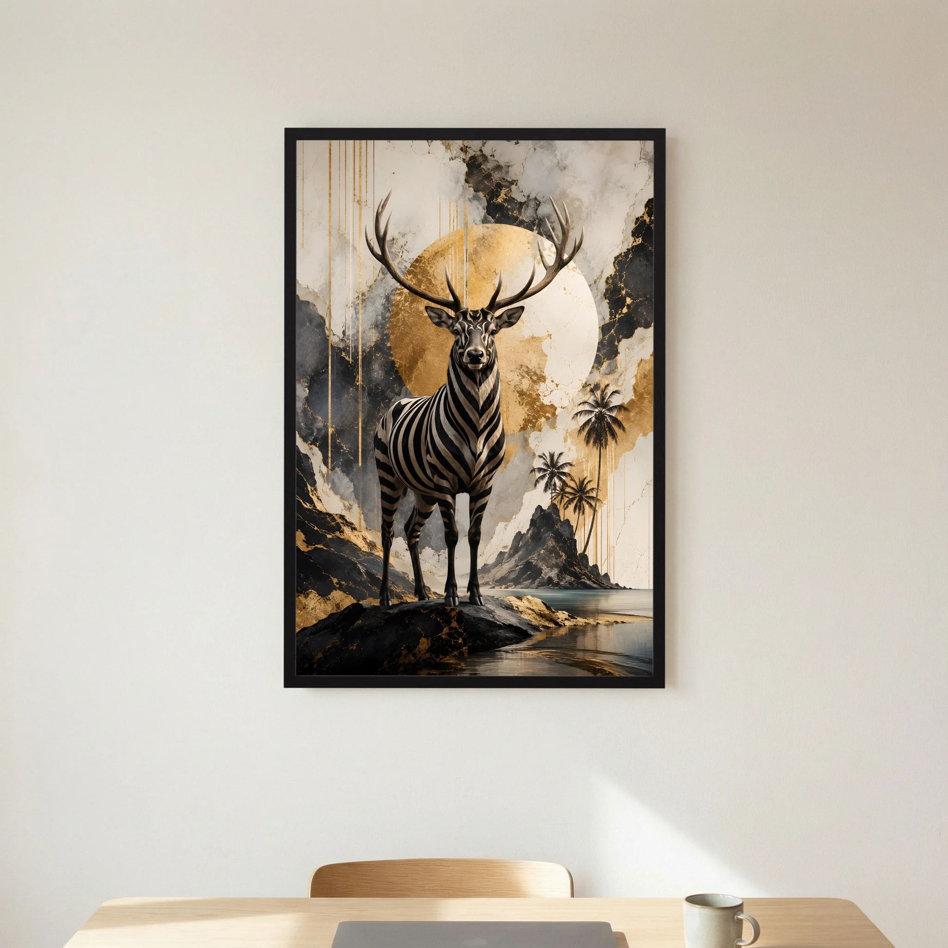 Kunstposter im Hochformat: Hirsch mit Zebramuster, goldene Stirn und Geweih, im schwarzen Rahmen