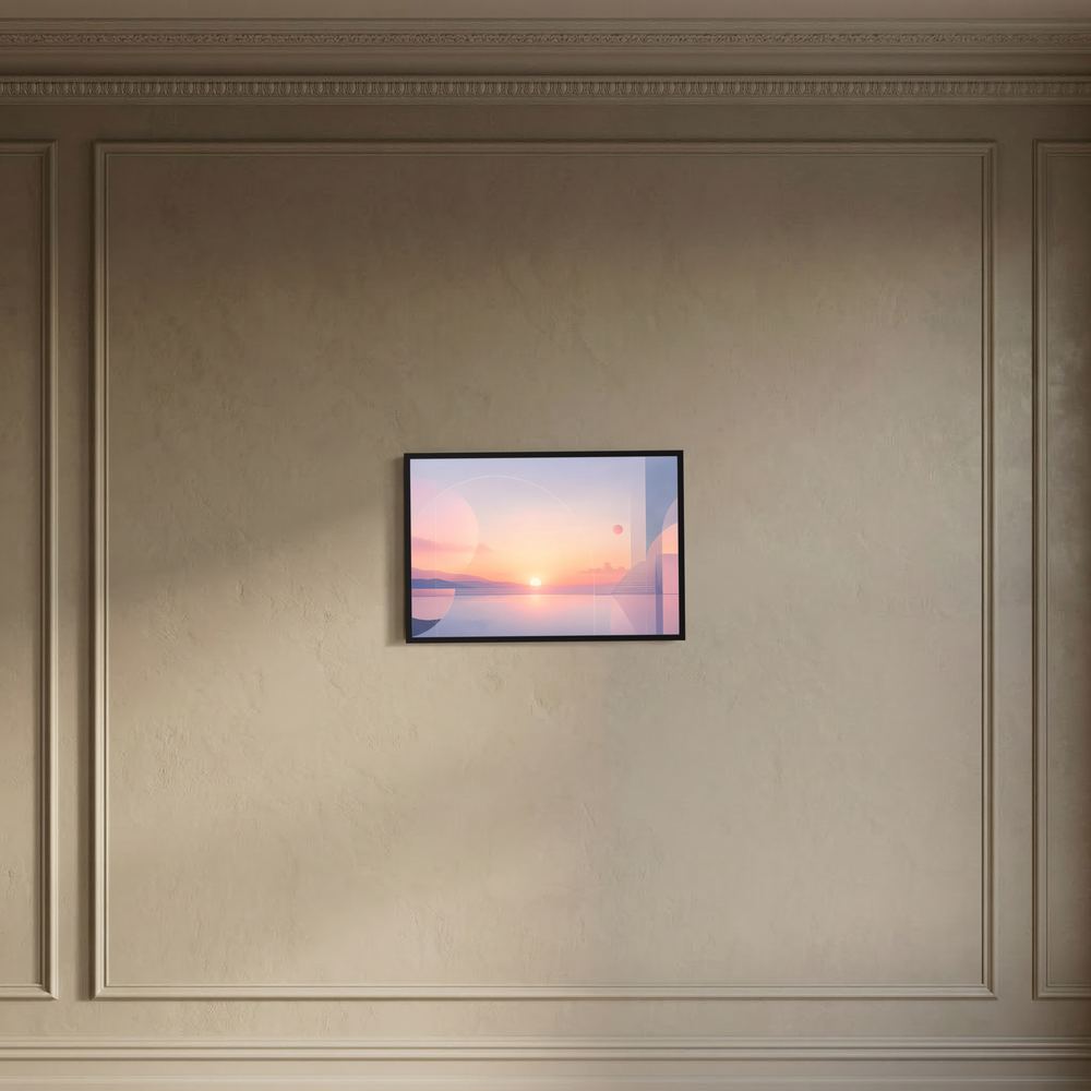 Kleines Querformat-Poster mit Sonnenlandschaft in Rosa und Blau, dunkler Rahmen an Wand
