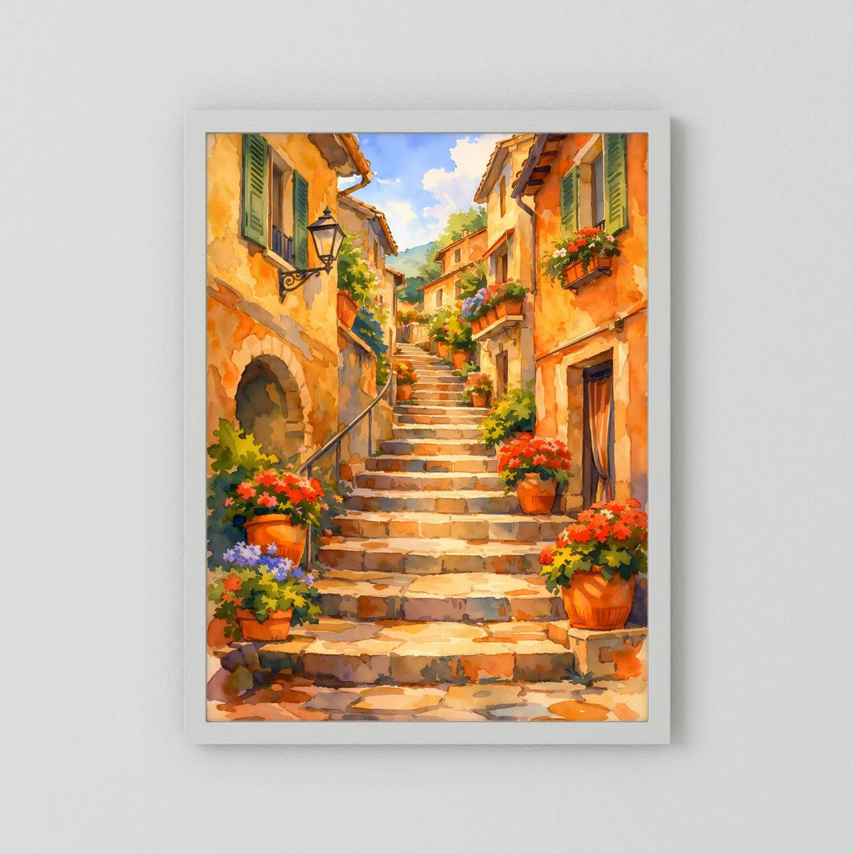 Wandbild mit weißem Rahmen und mediterraner Treppe, Blumenbeete in Töpfen