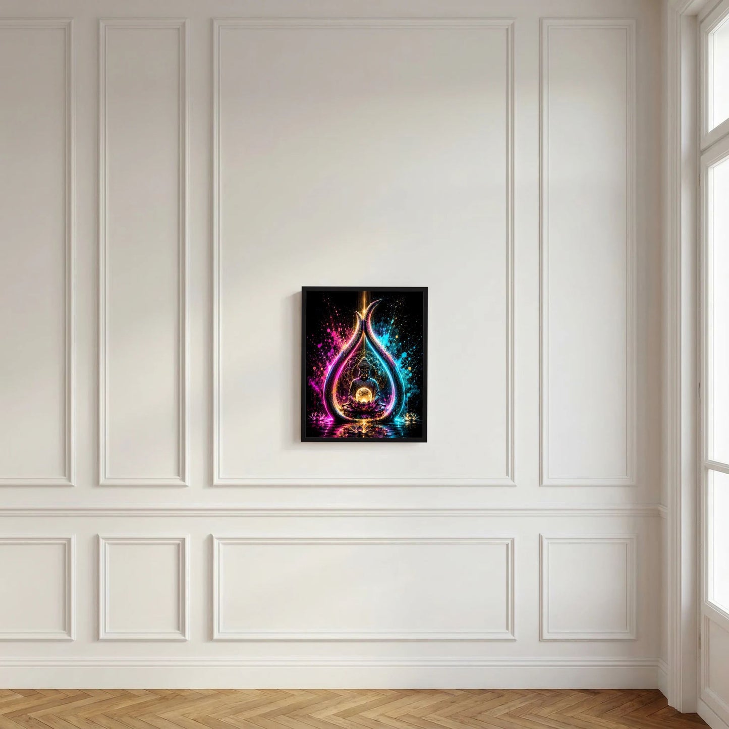 Neonenergie-Poster mit Meditationsbuddha auf Lotus und leuchtender Energiekugel im schwarzen Rahmen.