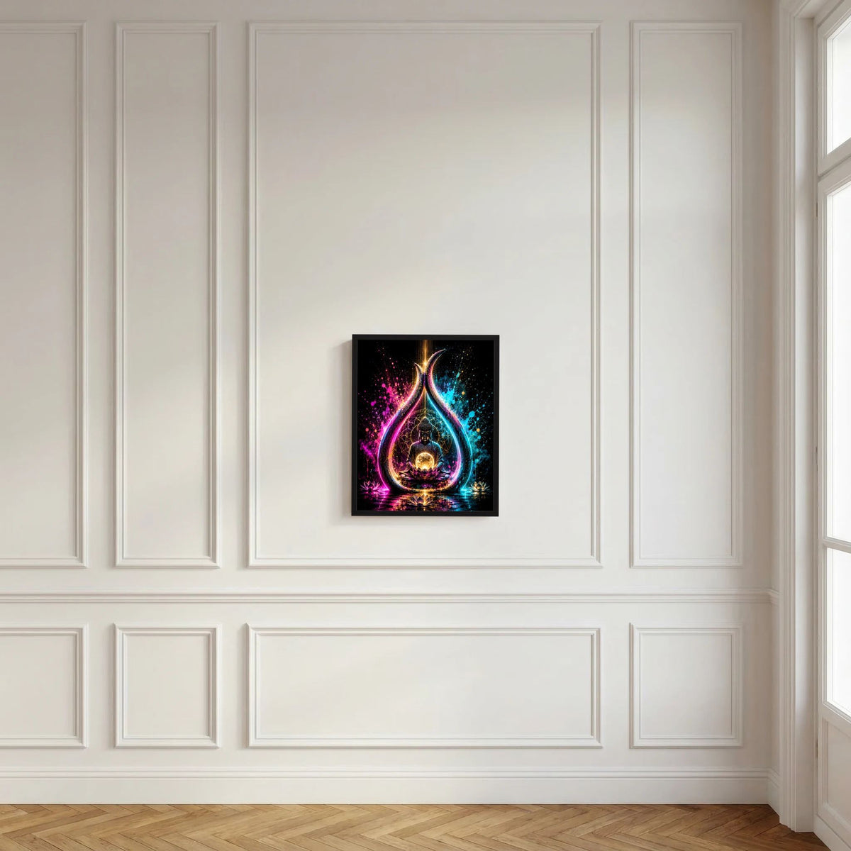 Neonenergie-Poster mit Meditationsbuddha auf Lotus und leuchtender Energiekugel im schwarzen Rahmen.