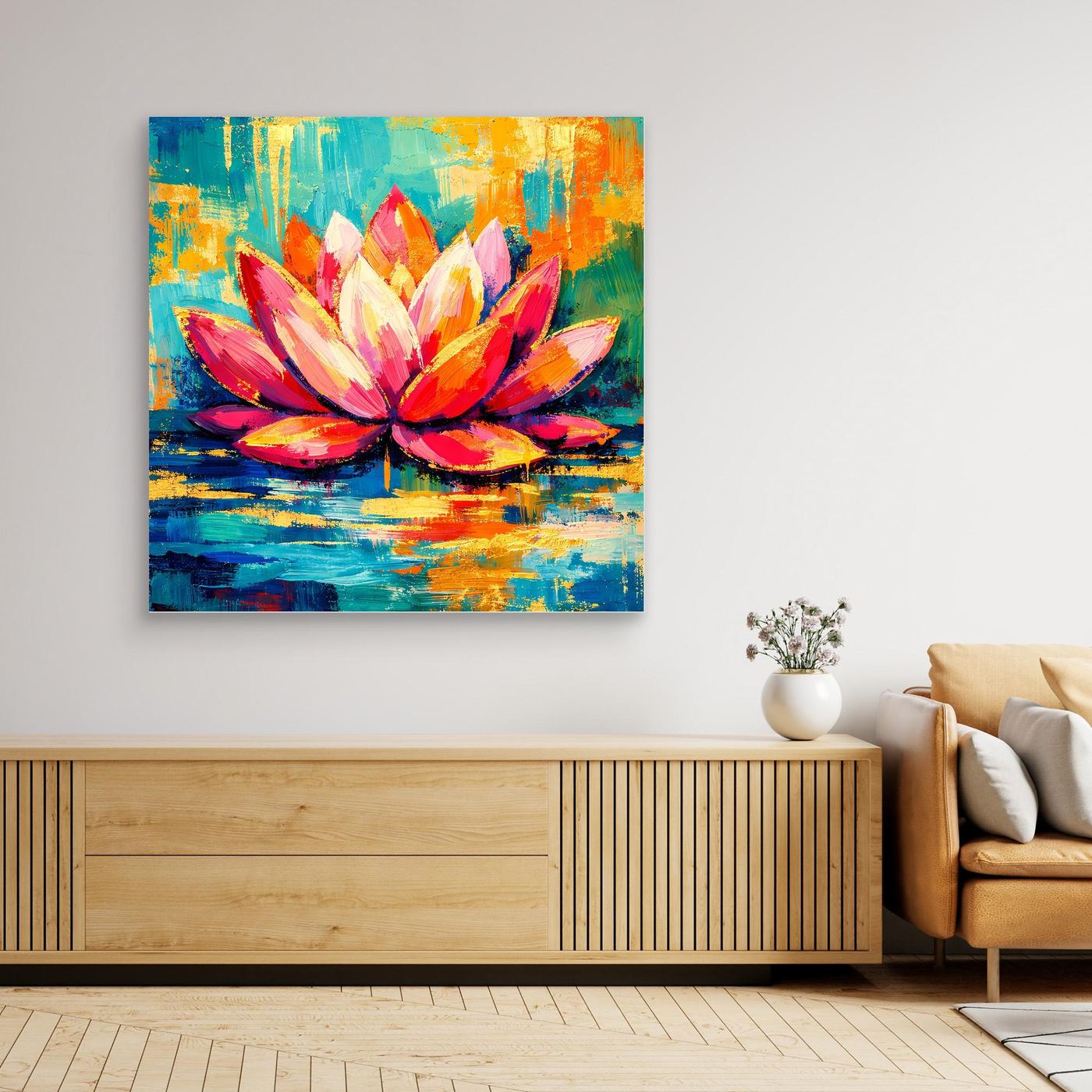 Abstraktes Lotus-Leinwandbild: bunte Blüten mit Spiegelung im Farbverlauf
