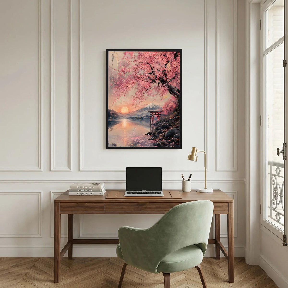 Schwarzer gerahmter Wanddruck im Hochformat: Sakura, Wasser bei Sonnenuntergang und Torii