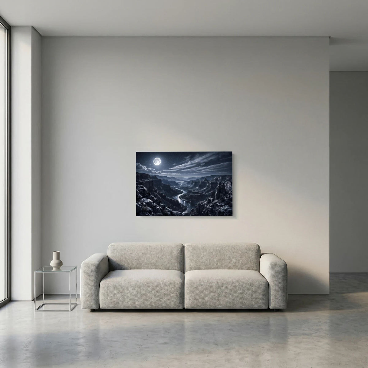 Wandposter im Querformat mit Vollmond, tiefen Schluchten und fließendem Fluss bei Nacht