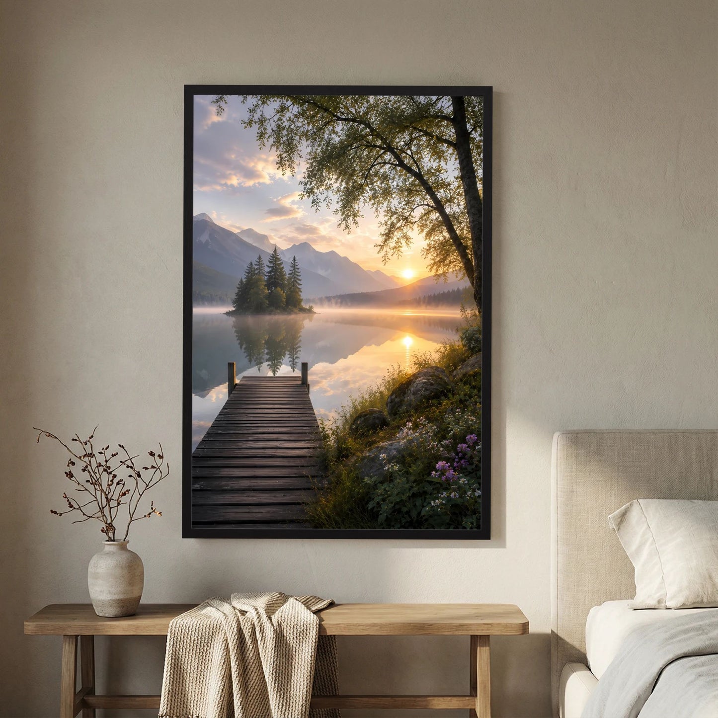 Bergsee mit Holzsteg | Sonnenuntergang in ruhiger Berglandschaft | Poster Hochformat
