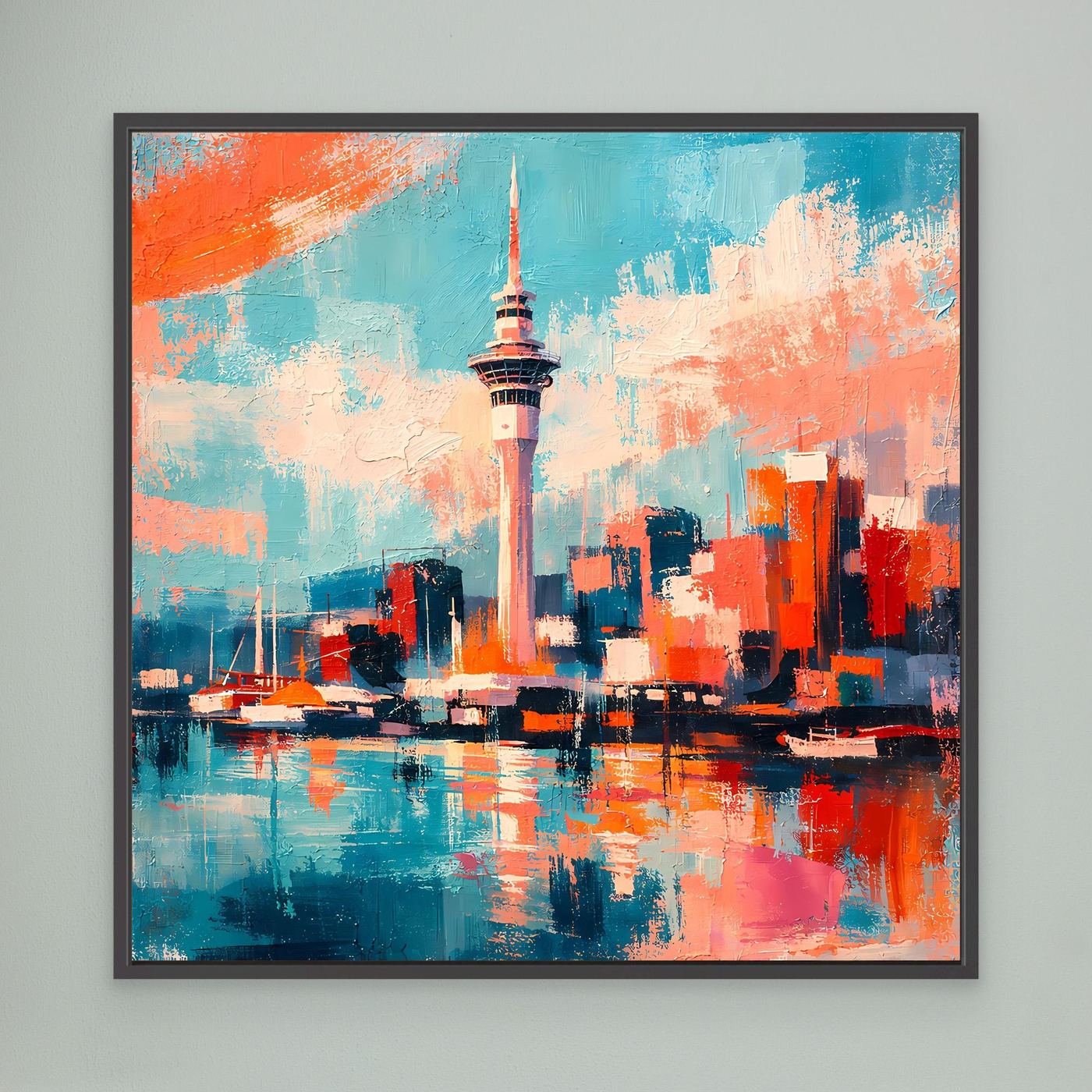Wandbild mit abstrakter Skyline und Sky Tower, türkis-orangefarbener Farbverlauf, schwarzer Rahmen
