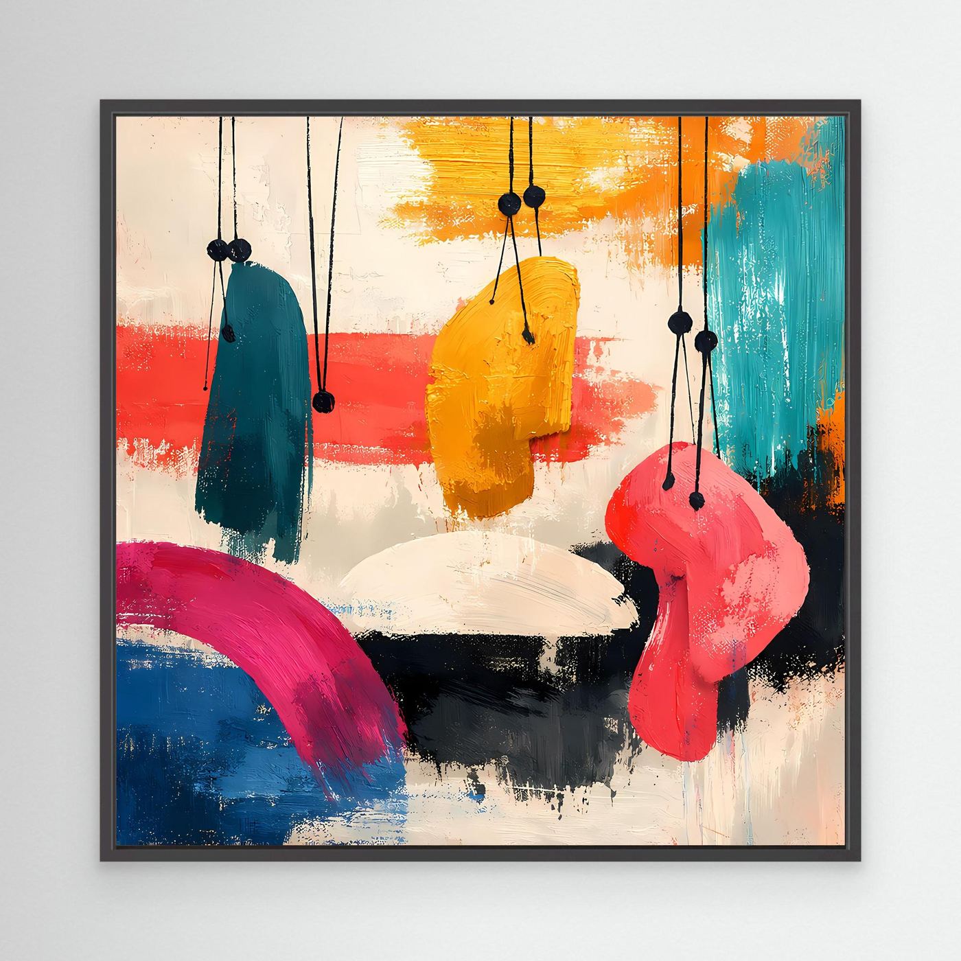 Abstract canvas wall art with black frame, hanging organic shapes in bright colors