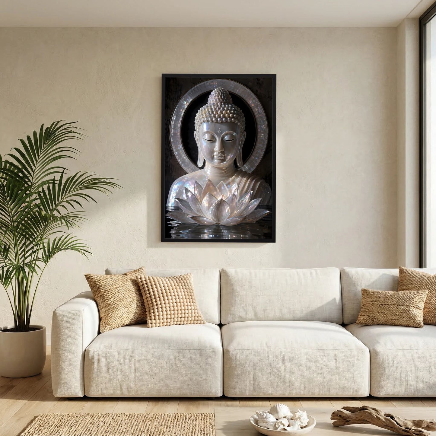 Wandposter mit Buddha und Lotusblüten, silberfarbene Skulptur im Kreis, schwarzer Rahmen
