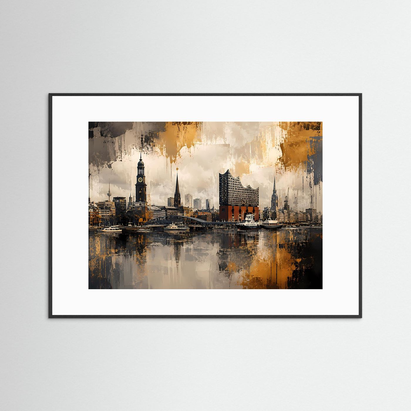 Hamburg Skyline an den Landungsbrücken | Abstraktes Hafen-Poster im Querformat