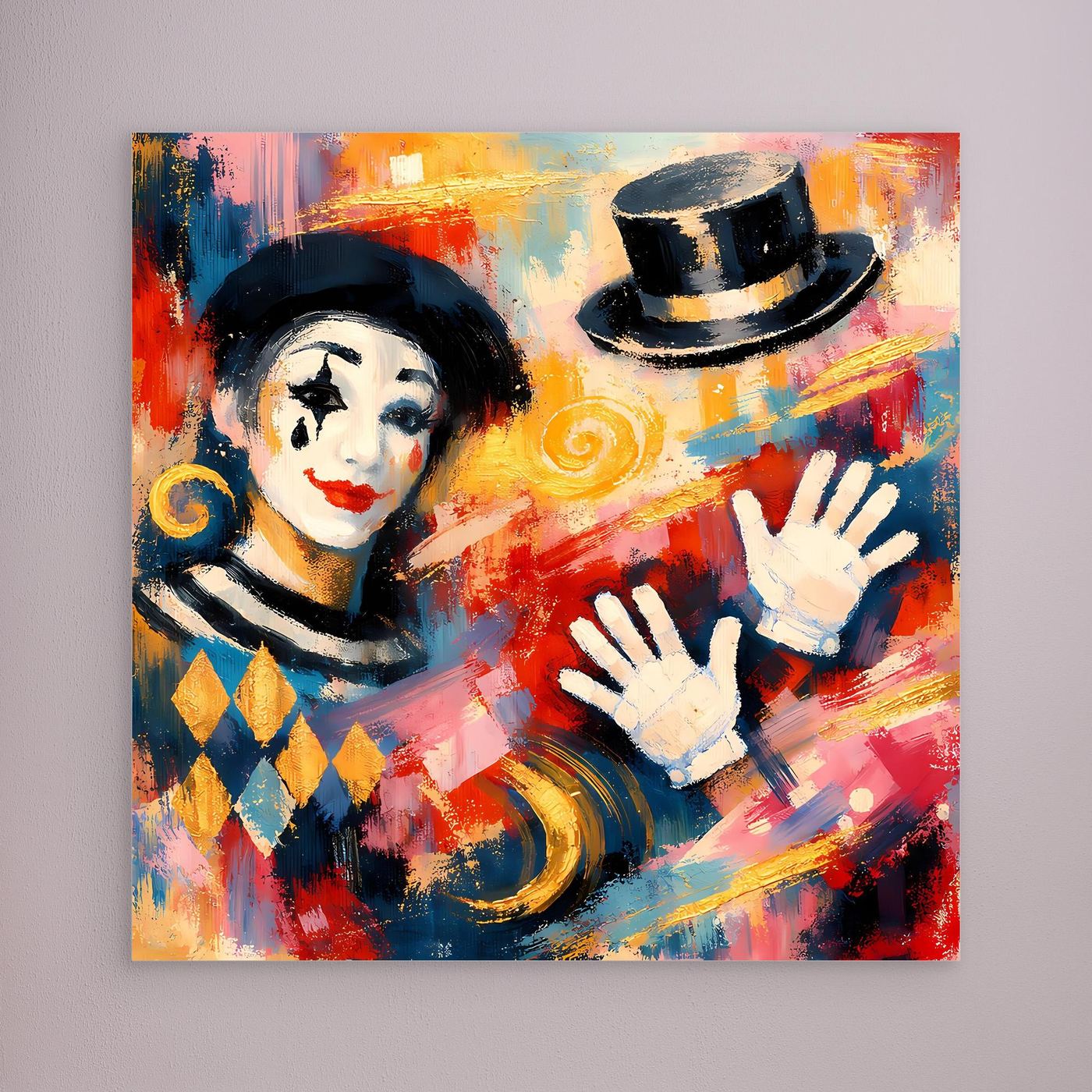 Leinwandbild: abstrakter Clown mit Zylinderhut, wehende Hände in Blau-Rot, ohne Rahmen