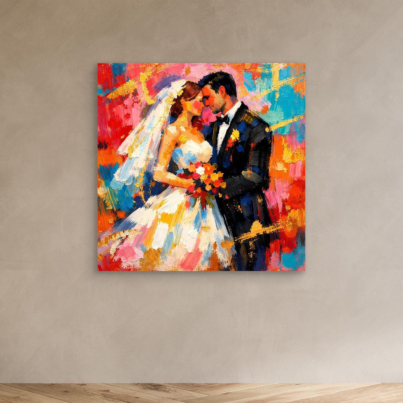 Leinwandbild mit romantischem Brautpaar, abstraktes Hochzeitmotiv mit Strauß