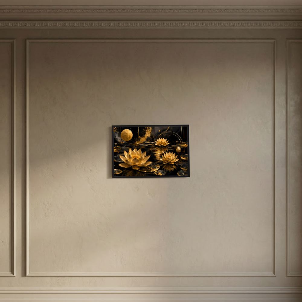 Gerahmtes Wandbild mit goldenen Lotusblüten auf dunklem Wasser, schwarzer Rahmen