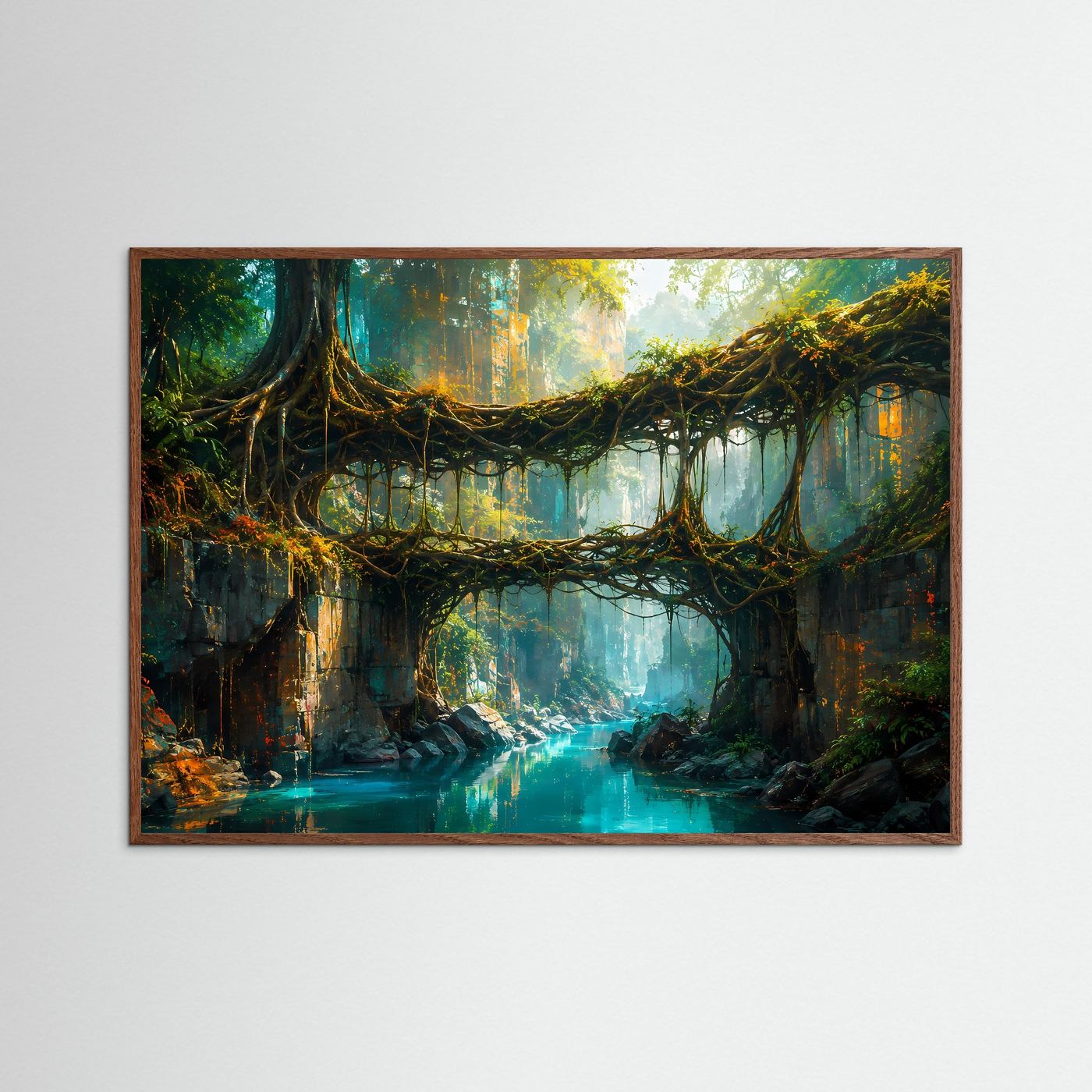 Regenwald-Wandbild mit Wurzelbrücke über Fluss im dunklen Eichenrahmen.