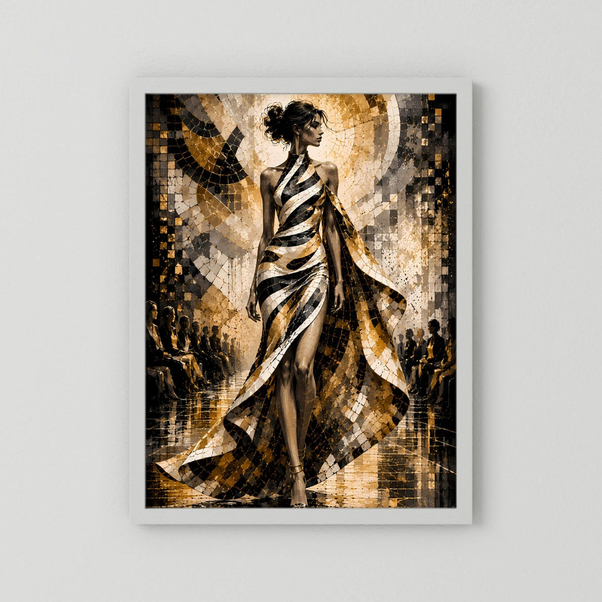 Poster im Hochformat mit Porträt einer Frau in Schwarz-Weiß und Gold, weißer Rahmen