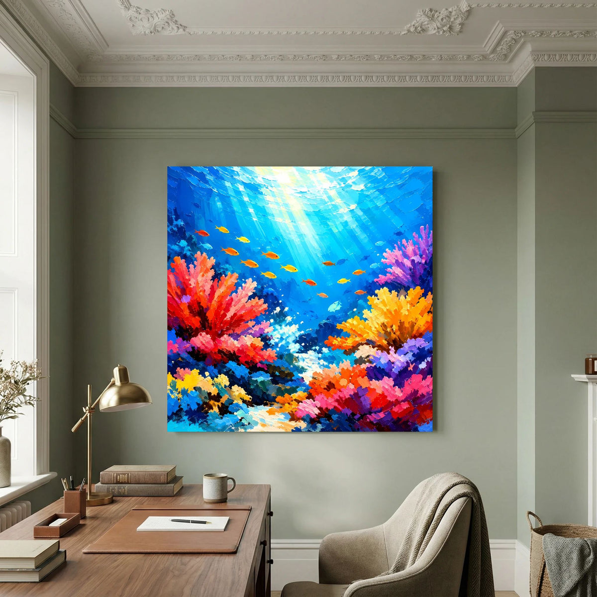 Quadratisches Unterwasser-Wandbild mit bunten Korallenriffen und kleinen Fischen