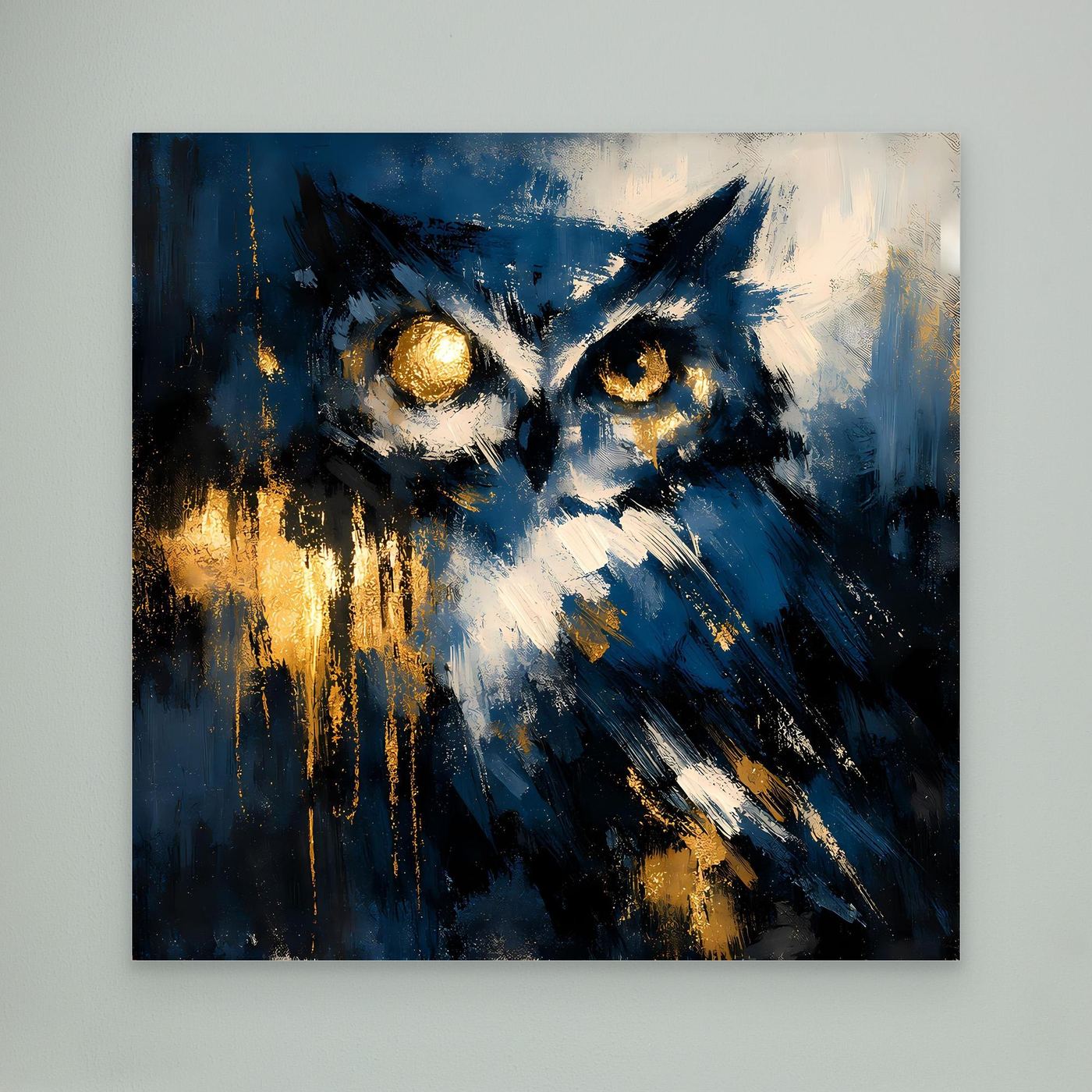 Leinwand-Wandbild mit abstrakter Eule in Blau und Gold, ohne Rahmen