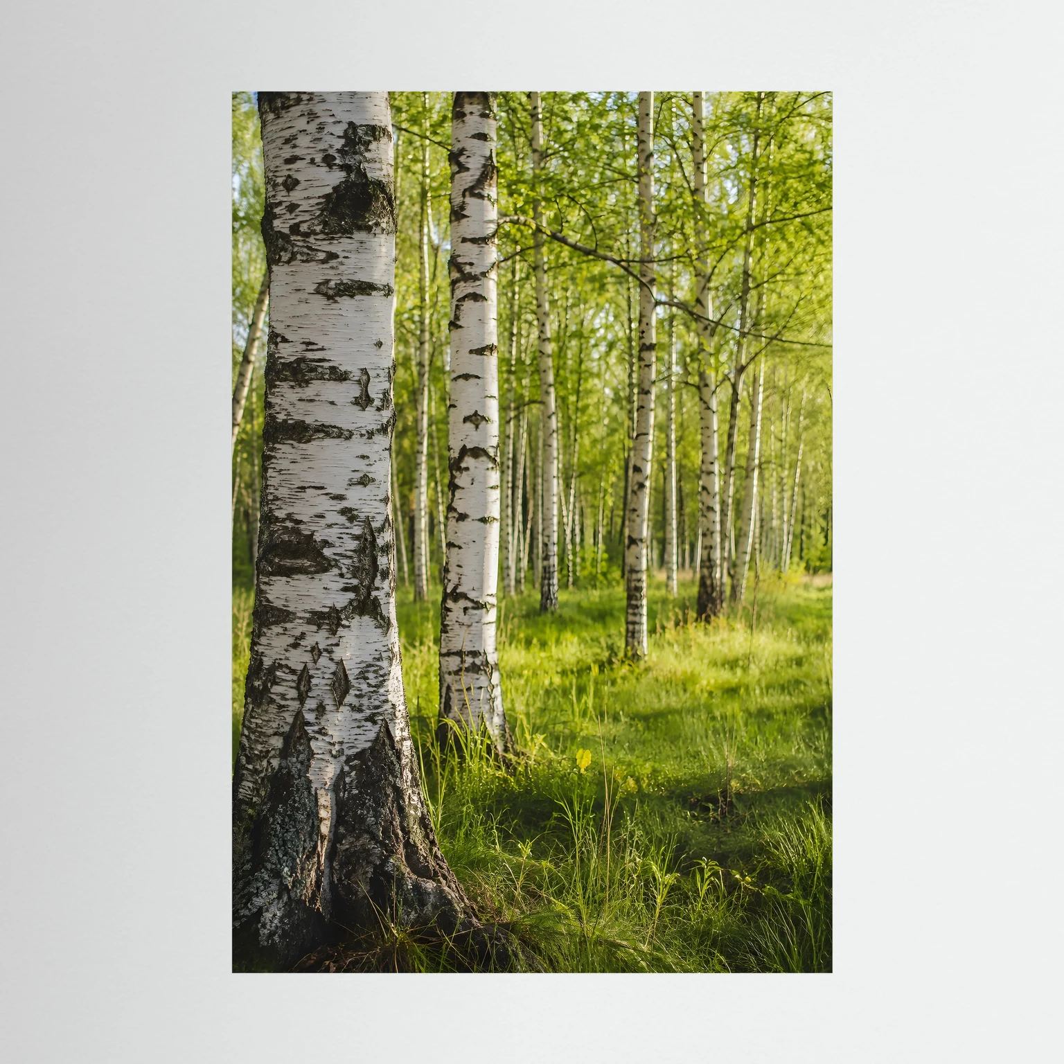 Hochformatiges Poster mit Birkenstämmen und grünem Waldboden, sonniger Wald