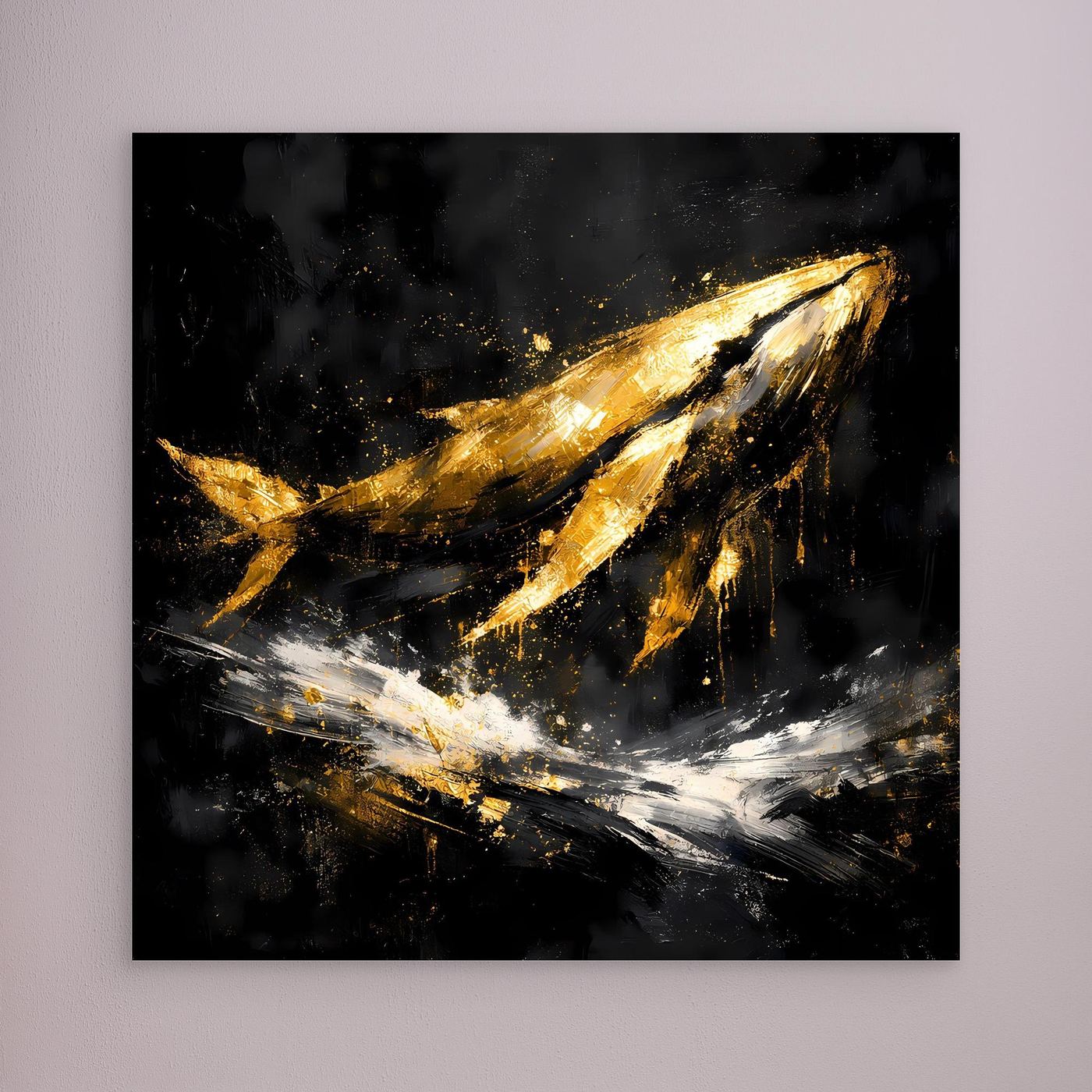 Leinwand Majestätischer Wal in Gold und Schwarz | Modernes Abstraktes Meeres Wandbild