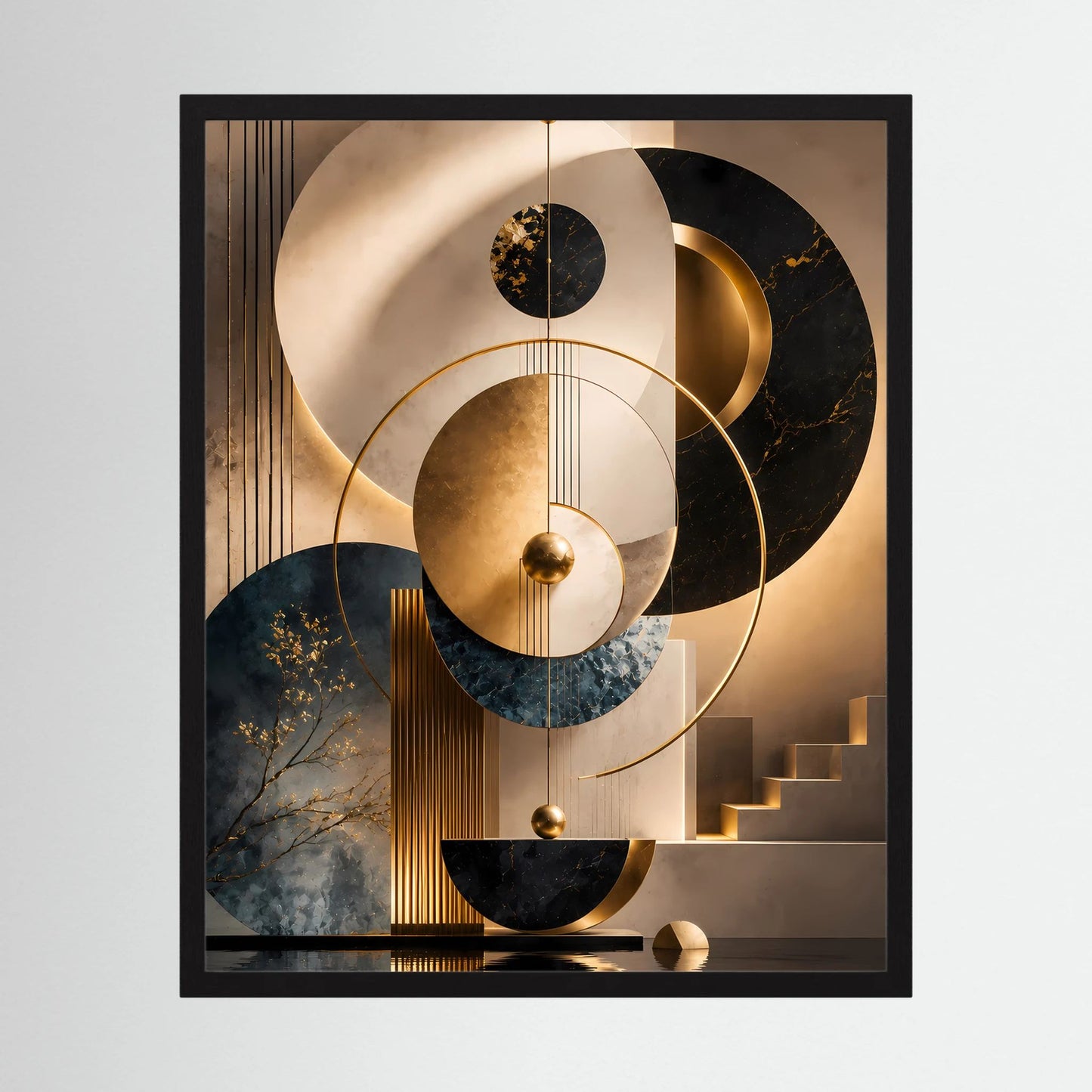 Gerahmtes abstraktes Poster (Hochformat) mit goldenen Kreisen in Schwarz, Beige und Petrol