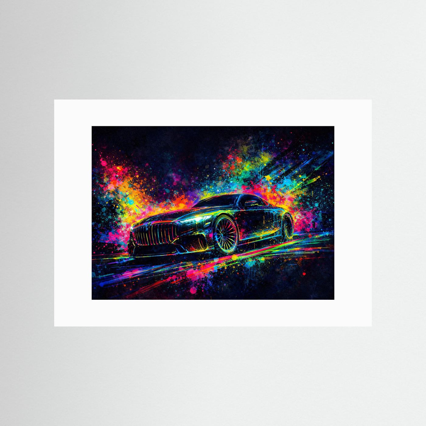 Wandbild mit abstraktem Neon-Sportwagen, weißes Passepartout, Querformat mit bunten Spritzern