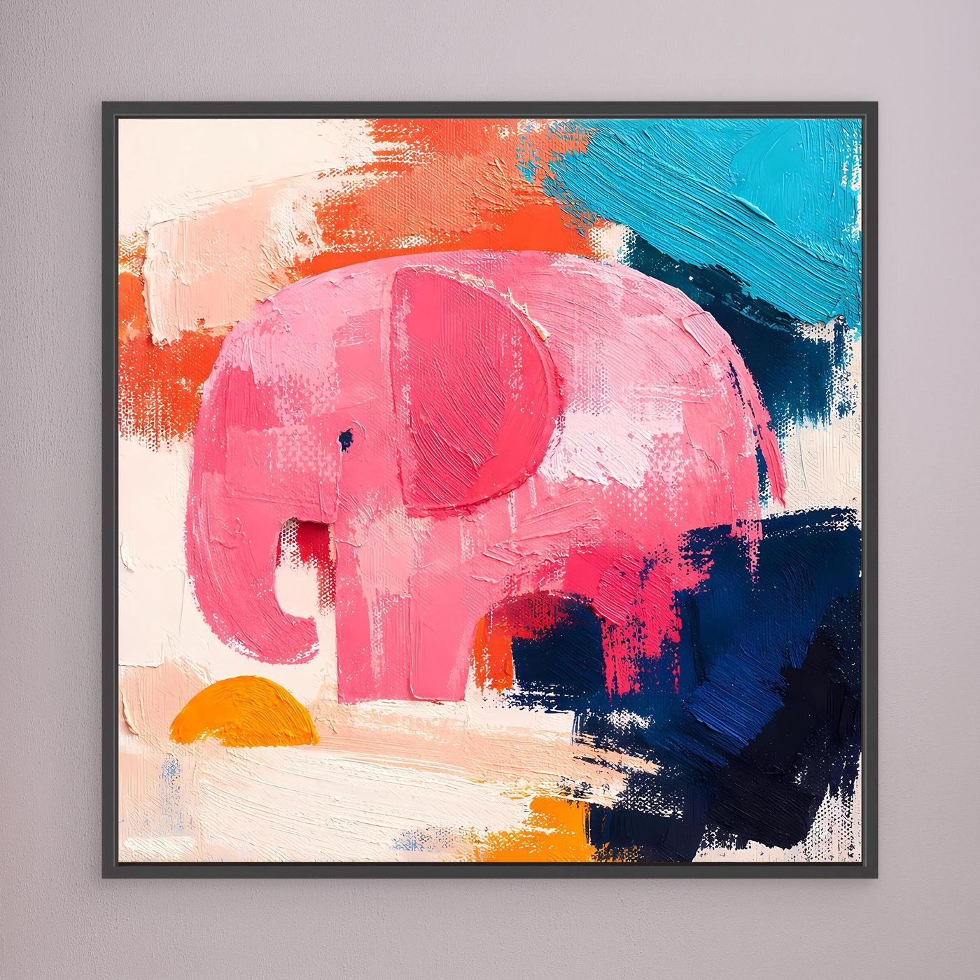 Black-framed abstract elephant canvas with large pink head and blue-orange brushstrokes